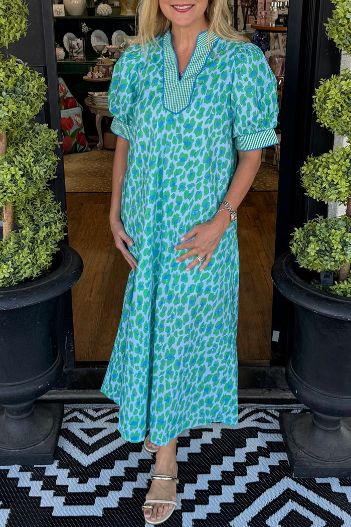 Leopard Print Puff Sleeve Pocket Maxi Dress