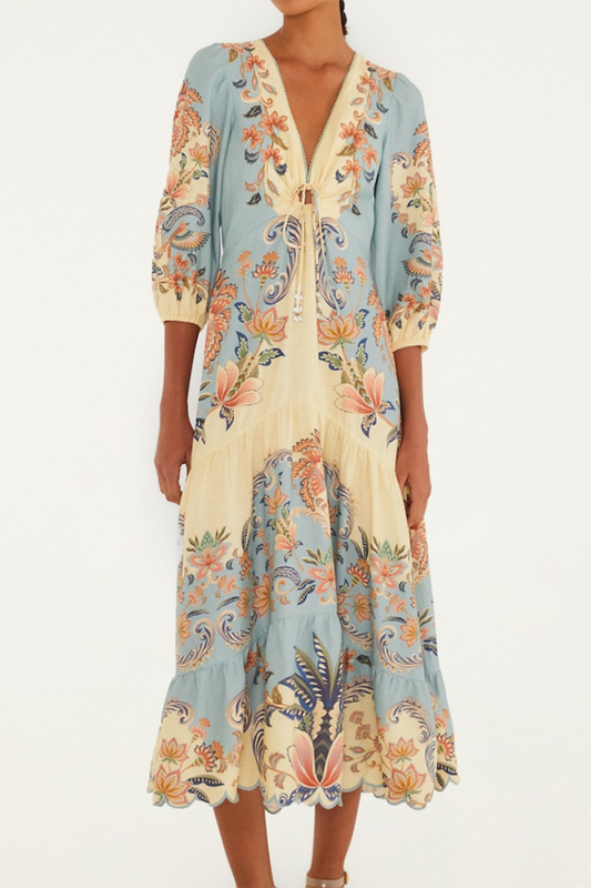 3/4 Sleeve Scallop Hem Maxi Dress