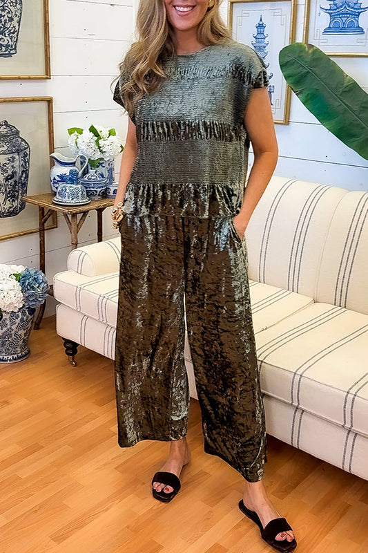 Wide Smocked Elastic Waist Velvet Set