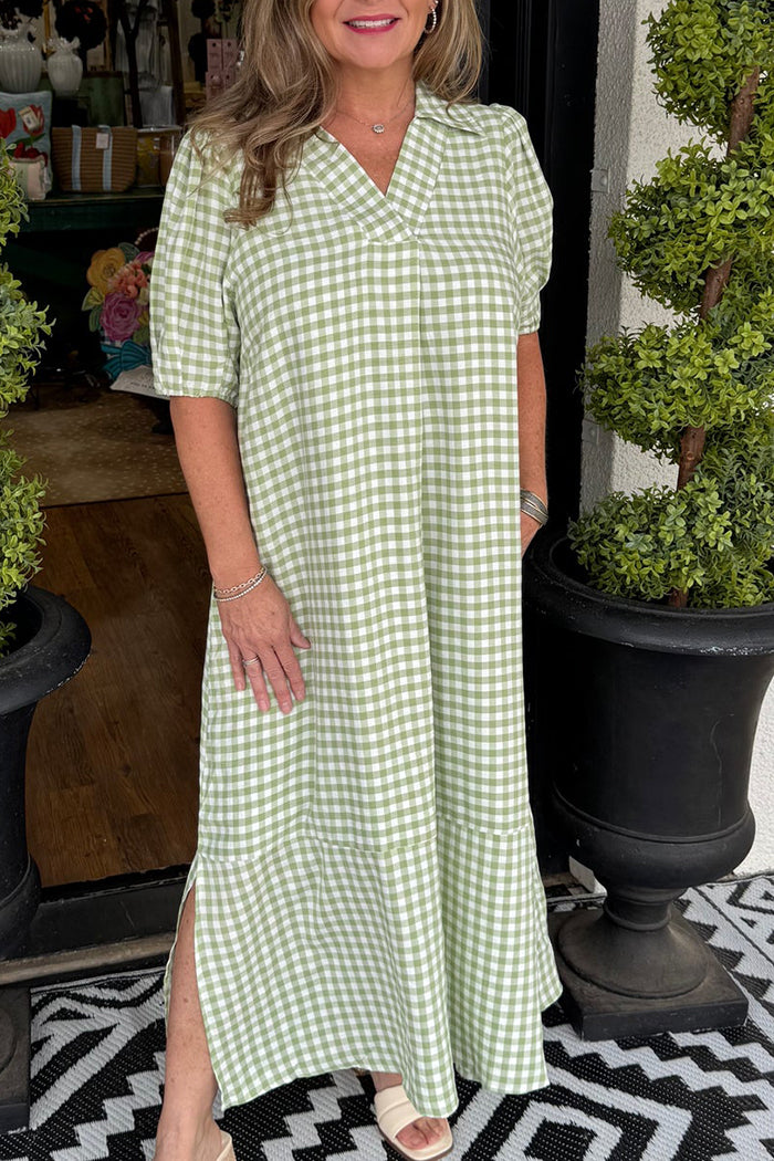 Collared Short Sleeve Gingham Pocket Side Slit Dress
