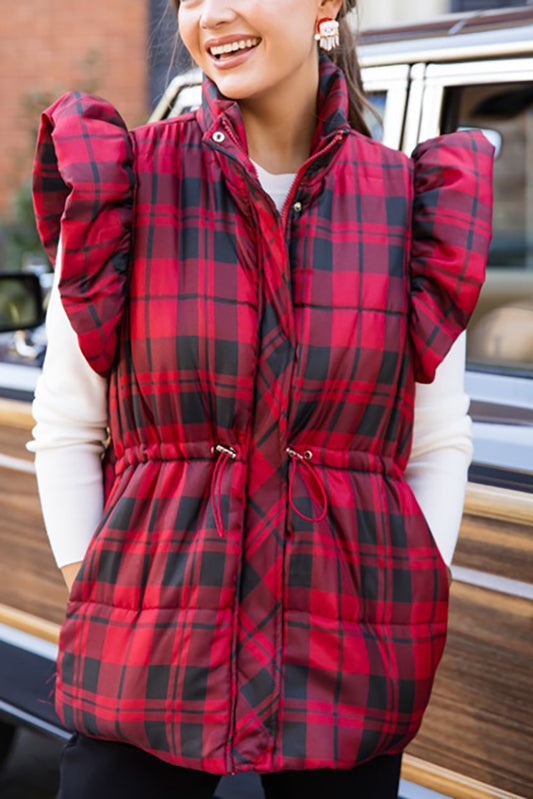 Plaid Ruffle Puffer Vest