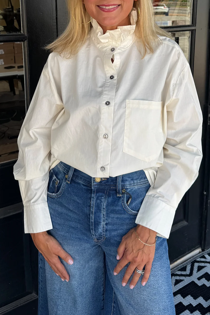Ruffle Collar Button Front Long Sleeve Top