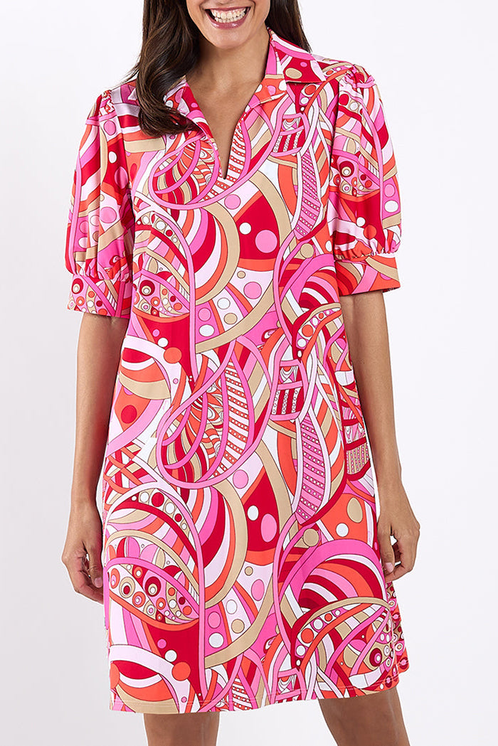Collared Puffed Sleeve Pocket Dress