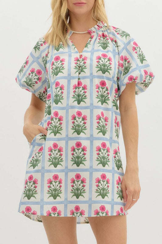 Floral Puff Sleeve Pocket Dress