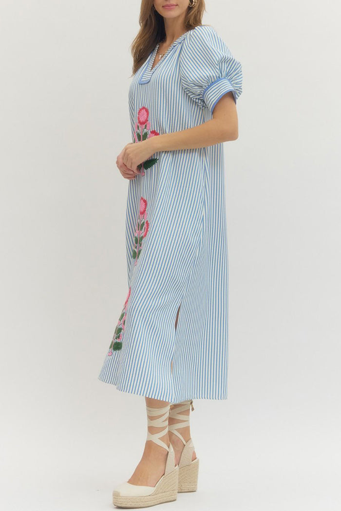 Stripe Short Sleeve Pocket Midi Dress
