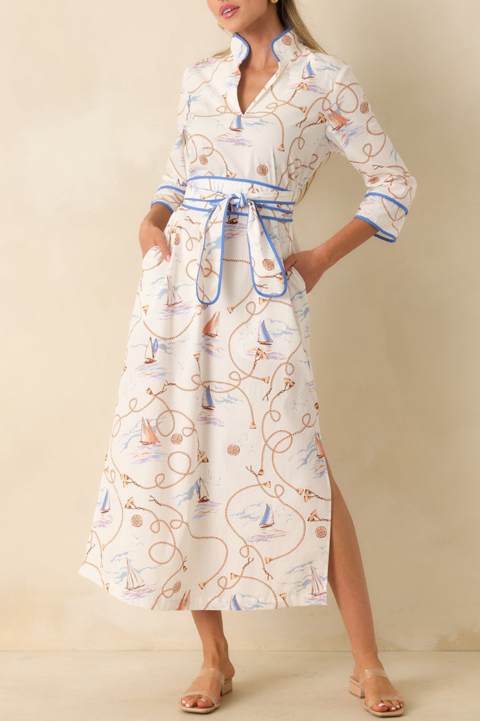 Ivory Multi Nautical Belted Slit Pocket Midi Dress