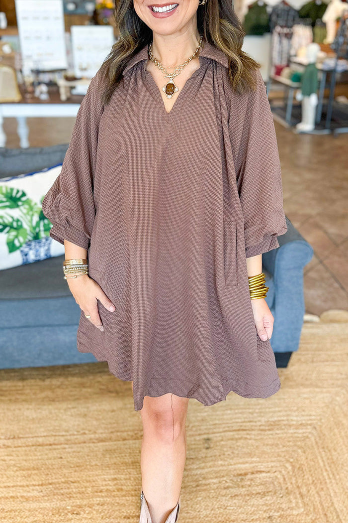 Pocketed Bubble Sleeve Scallop Dress