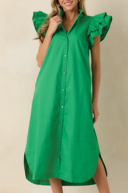 Ruffle Button-Front Pocket Midi Dress