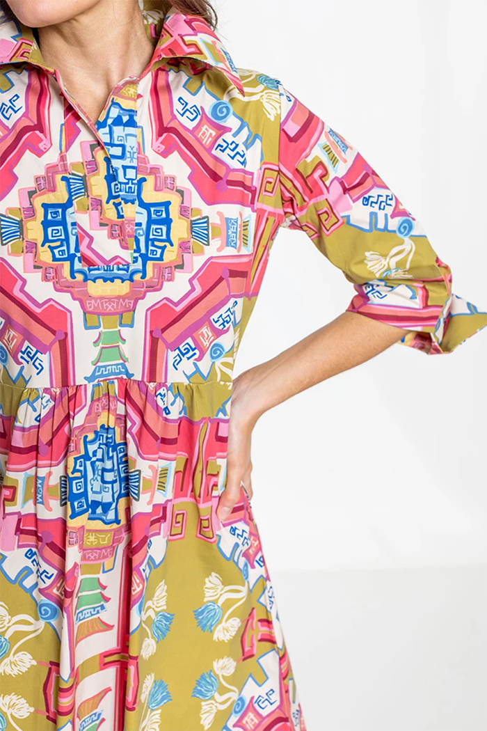 Multicolor Print Collared 3/4 Sleeve Pocket Dress