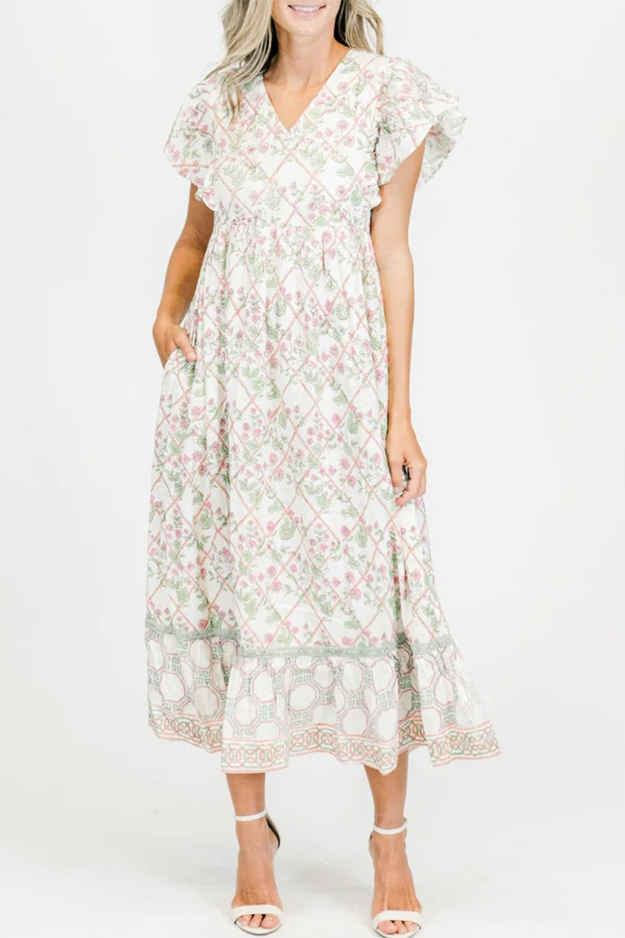 Ruffle Sleeve Pocket Mesh Floral Dress