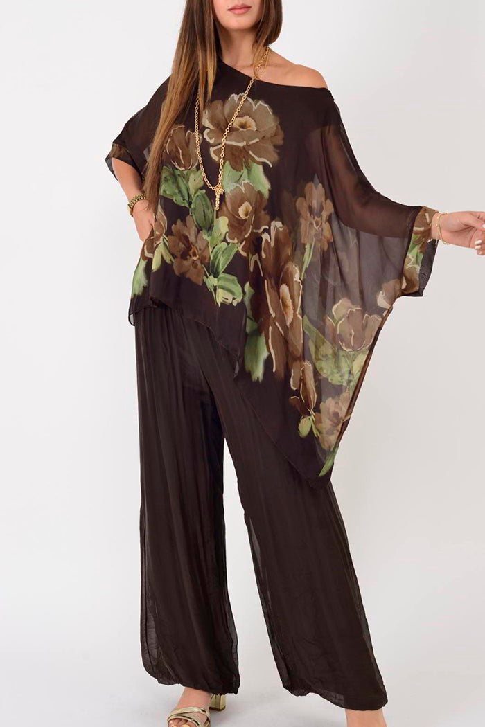 Vintage Floral Batwing Top Wide Leg Pant Set