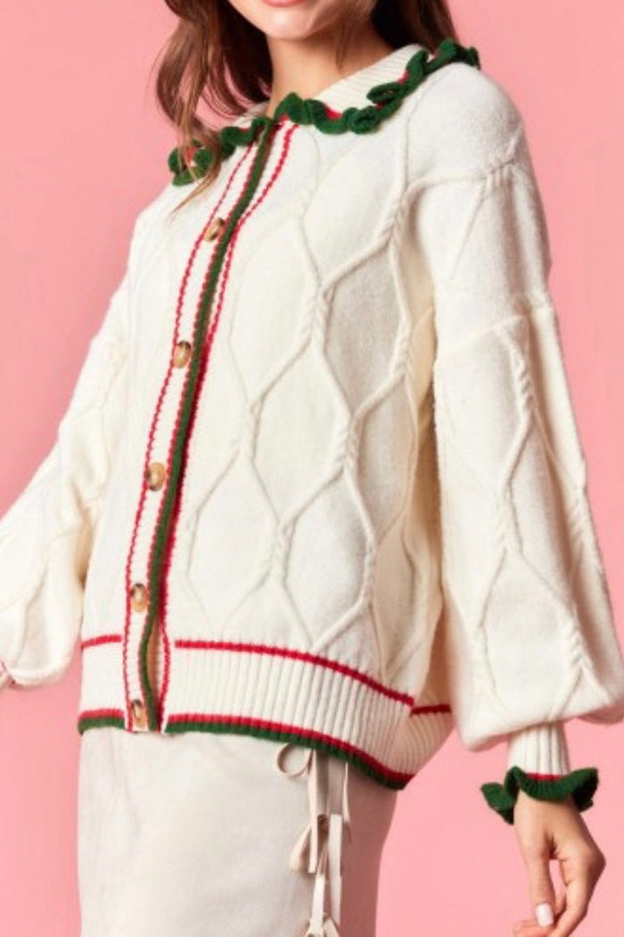 Button front Ruffle Cable Knit Cardigan