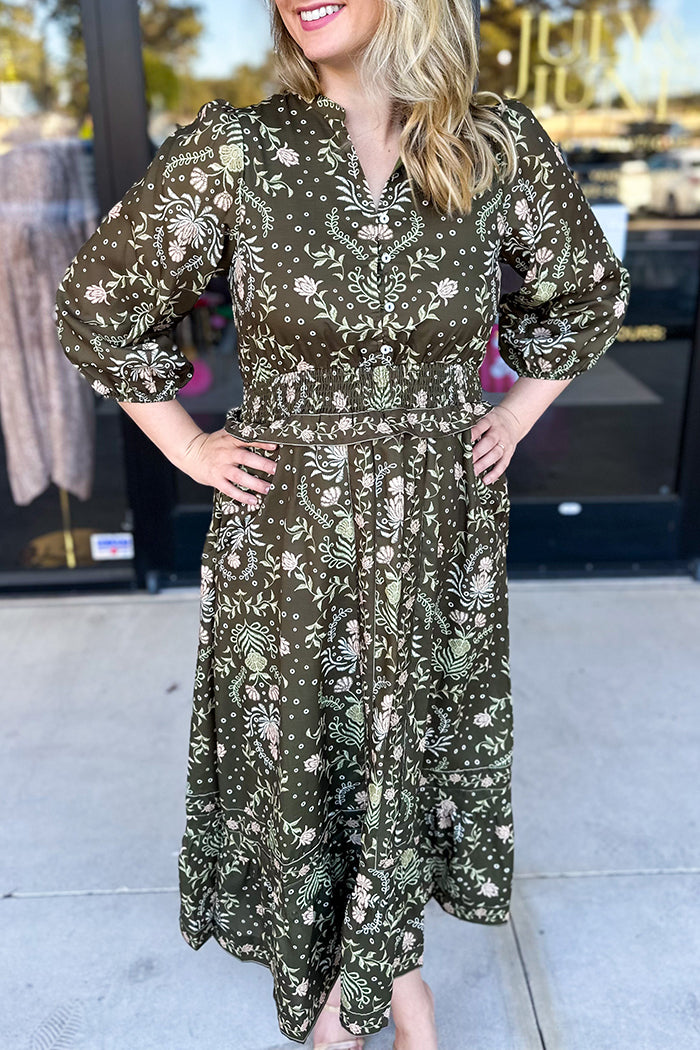 V-Neck Floral Pocket Midi Dress