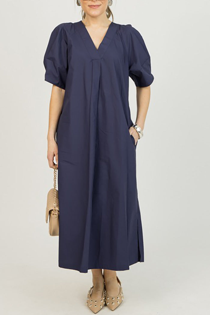 Pocketed Puff Sleeve Midi Dress