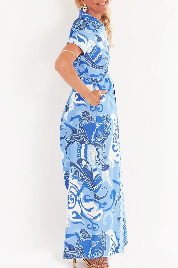 Blue Abstract Print Collared Shirt Tunic
