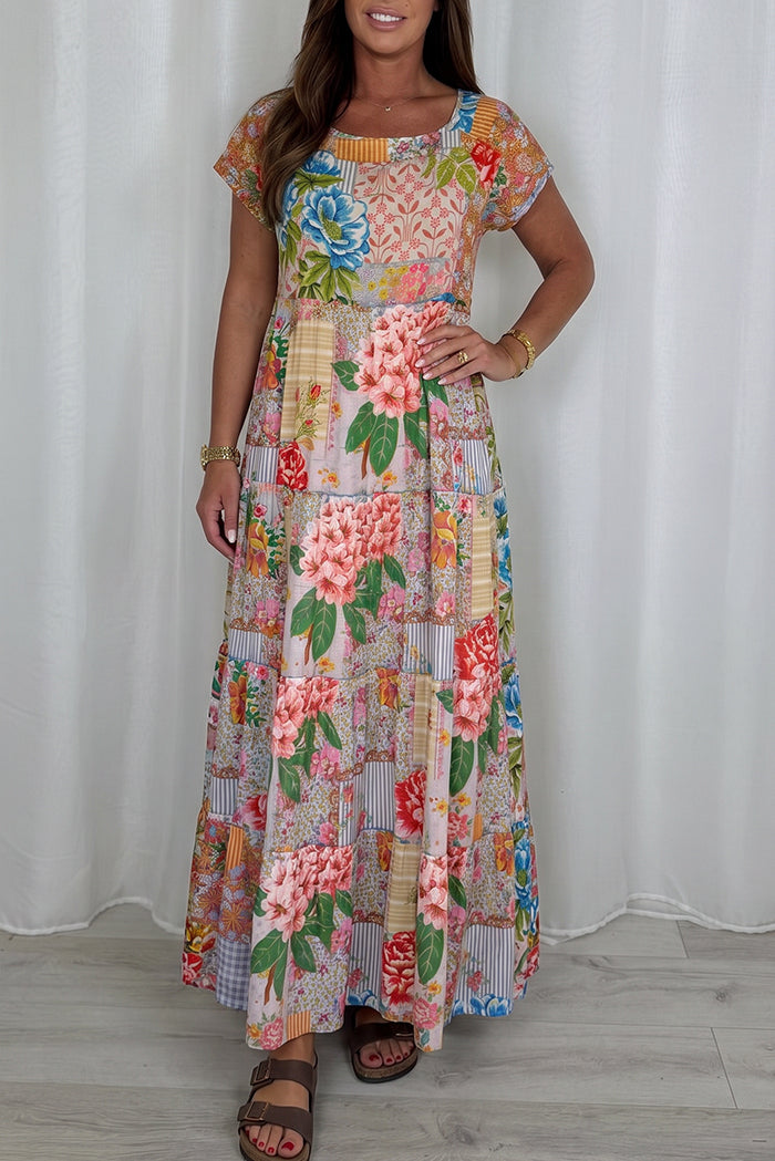 Short Sleeve Floral Patchwork Maxi Dress