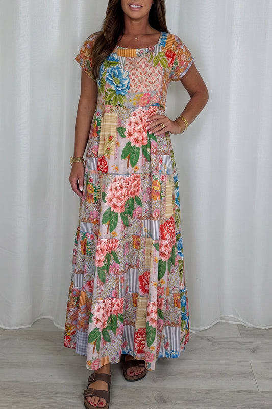 Short Sleeve Floral Patchwork Maxi Dress