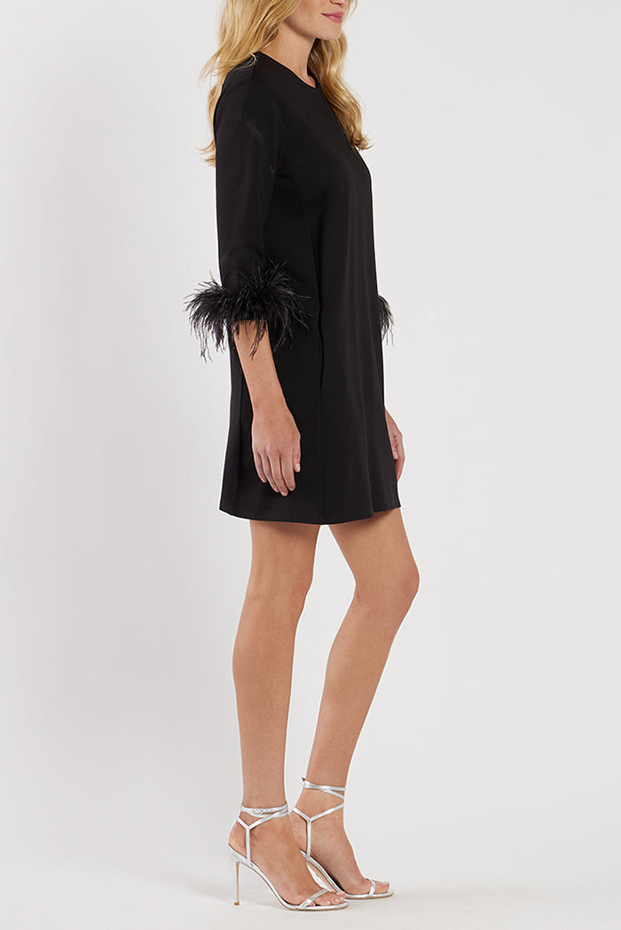 Elegant Black 3/4 Sleeve Feather Cuff Dress
