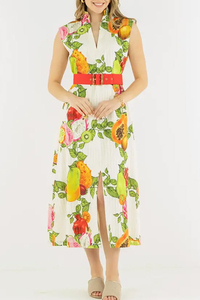 Sleeveless Fruit Print Belted Dress