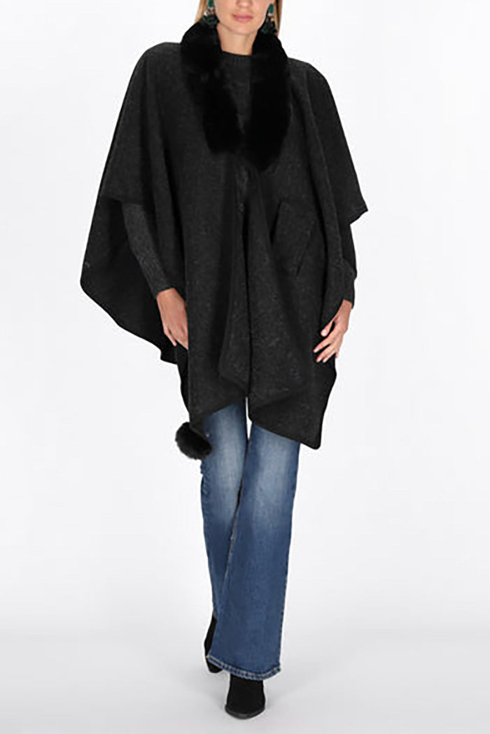 Furry Collar Casual Slip-On Poncho