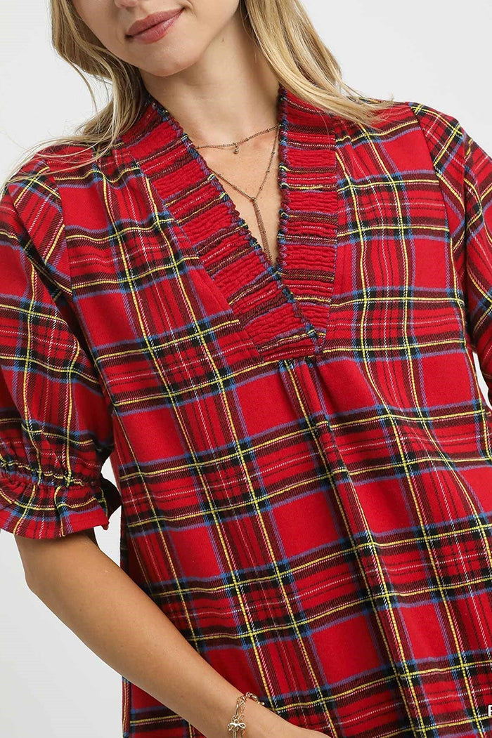 Plaid Smocked V-Neck Flannel Top