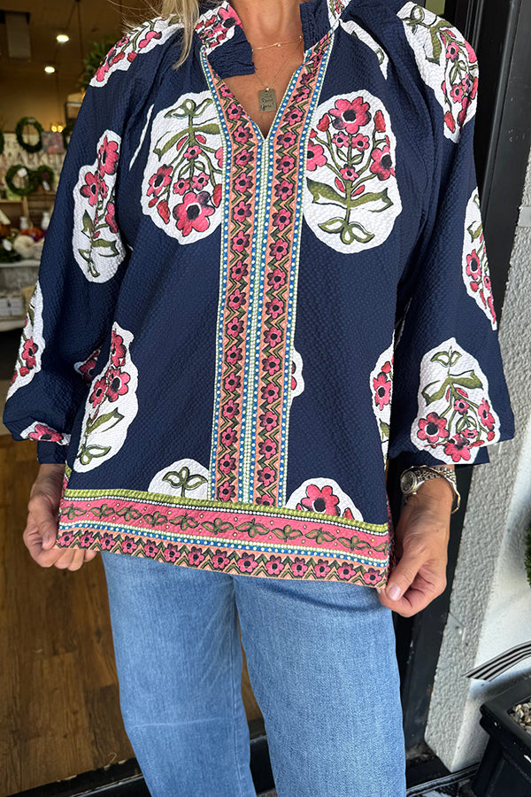 Puff Sleeve Pleated Collar Floral Top