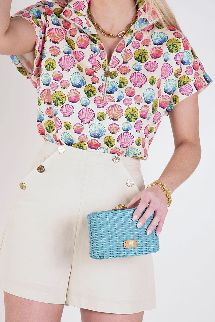 Scallop Print 3/4 Zip Collar Top