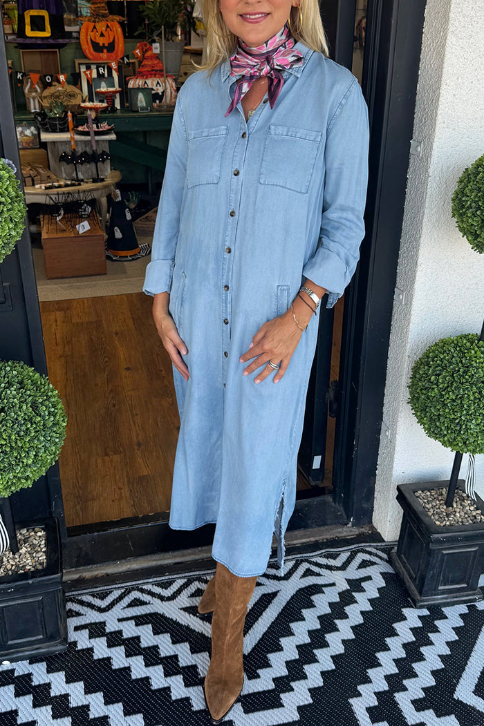 Casual Pocket Denim Shirt Dress