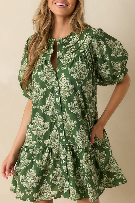 Print Puff Sleeves Pocket Mini Dress