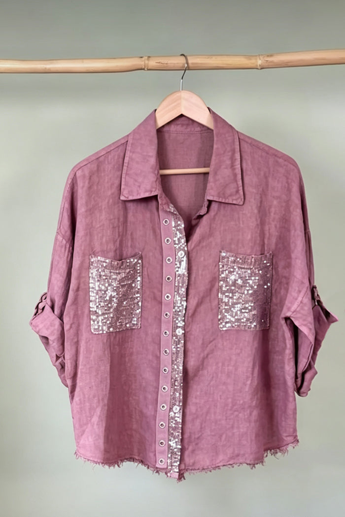 Sequin Pocket Button Down Wide Leg Pants Set