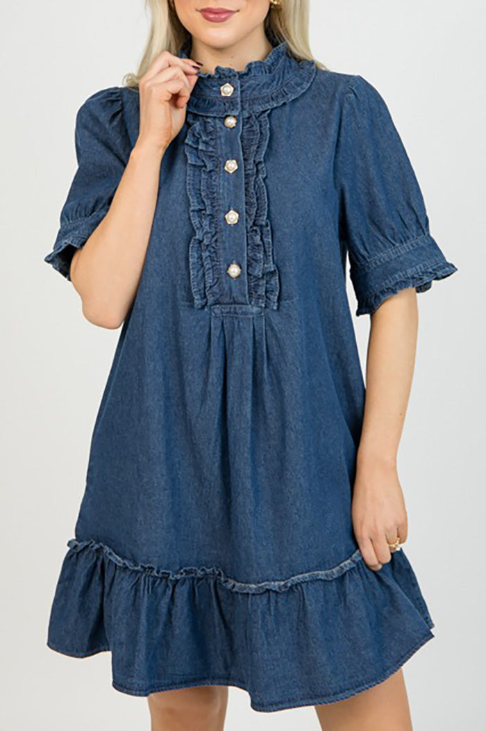 Denim Ruffle Trim Collar Pocketed Dress