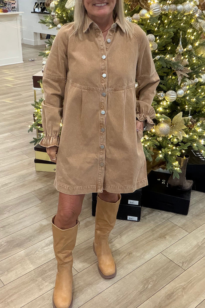 Ruffled-Sleeve Pocket Button-Front Dress