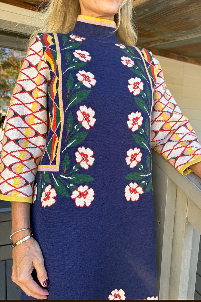 Geometric Pattern High Neck Knit Dress