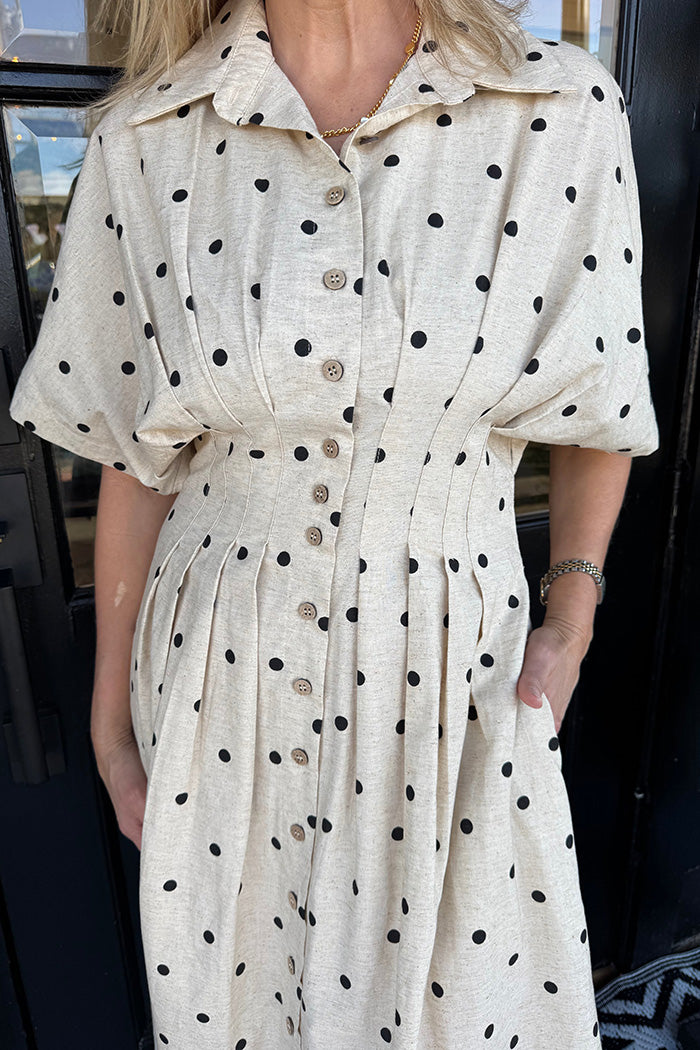 Fitted Waist Polka Dot Pocketed Shirt Dress