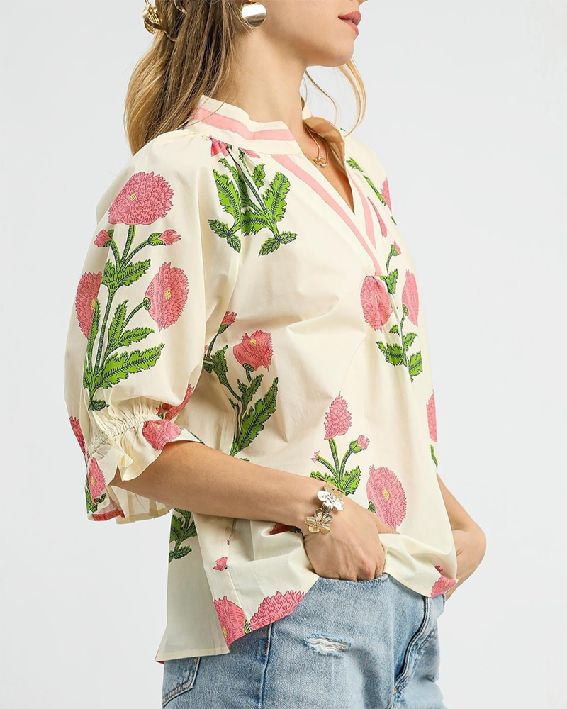 V-Neck Ruffle Sleeve Floral Top