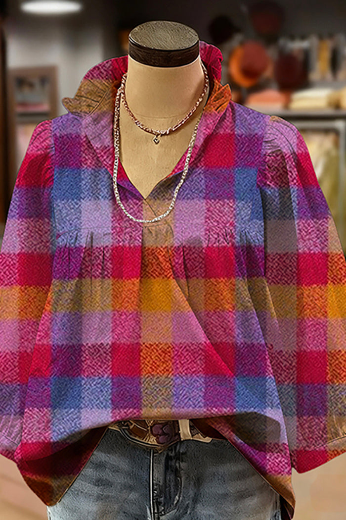 Plaid Print Ruffled V-Neck Puff-Sleeve Blouse