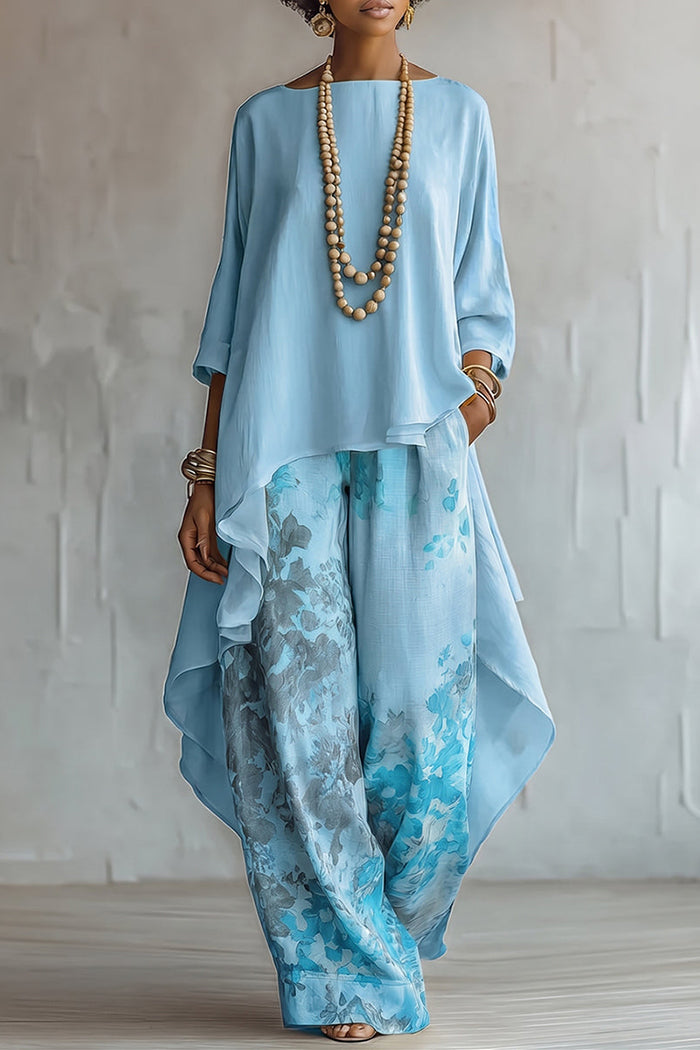 High Low Hem Floral Wide Leg Pants Set