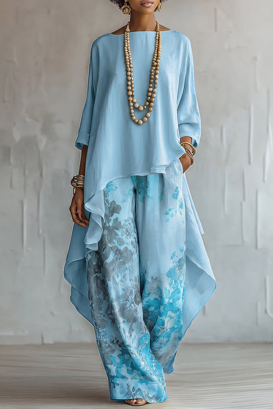 High Low Hem Floral Wide Leg Pants Set
