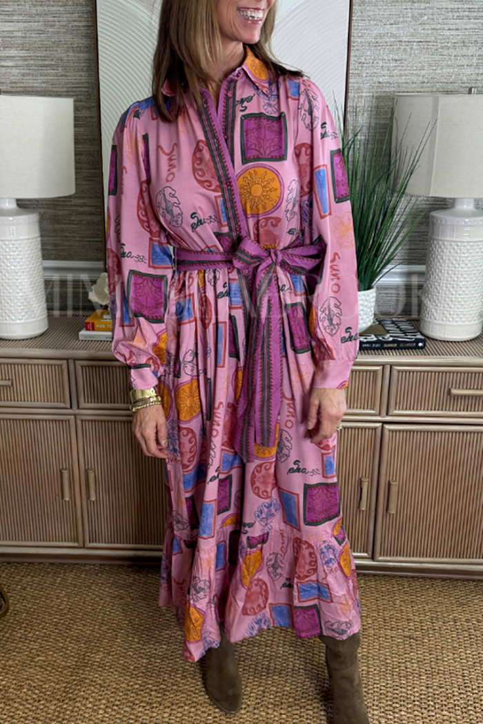 Casual Retro Patterned Belt Dress