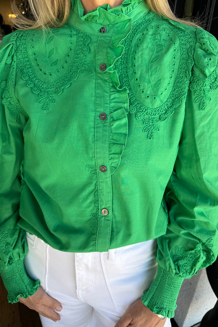 Green Ruffled Embroidery Top