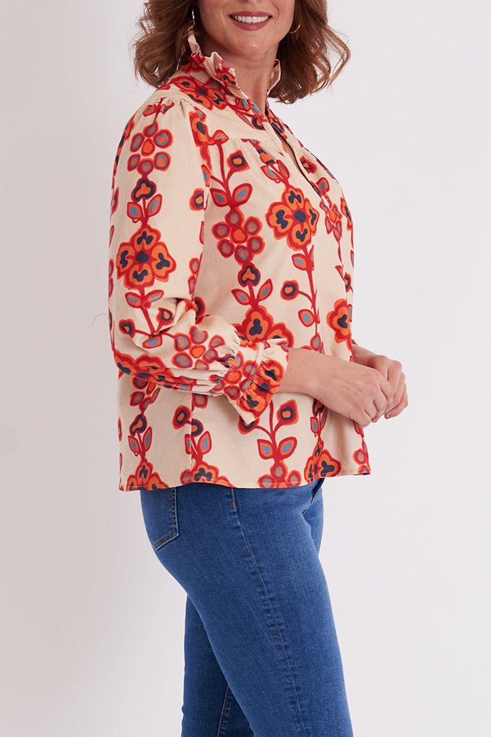 High Collar Button Print Top