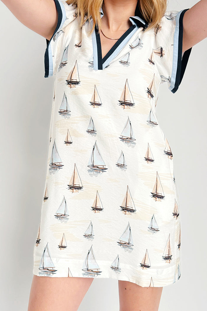 Sailboat Print Cap Sleeves Mini Dress