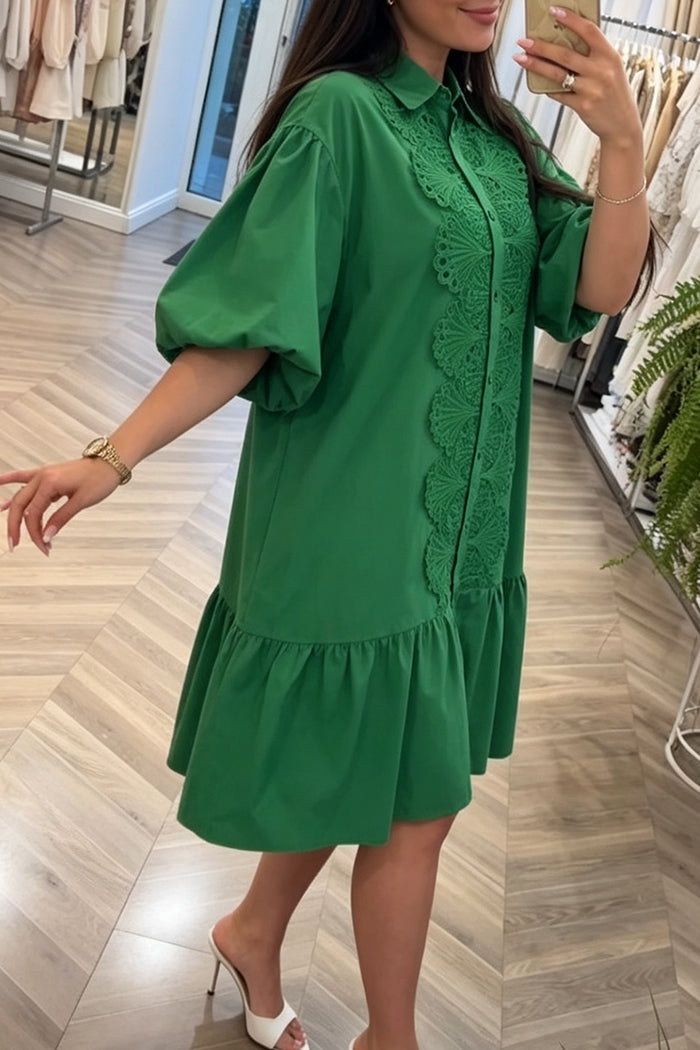 Puff Sleeve Ruffled Hem Shirt Dress