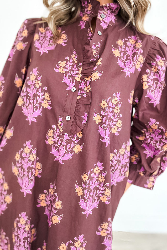 Floral Print Ruffled Collar Button Dress