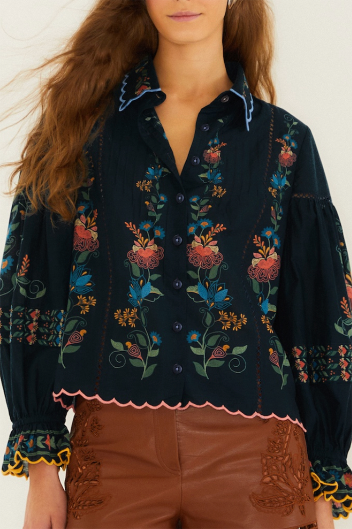 Floral Embroidered Ruffle Hem Top