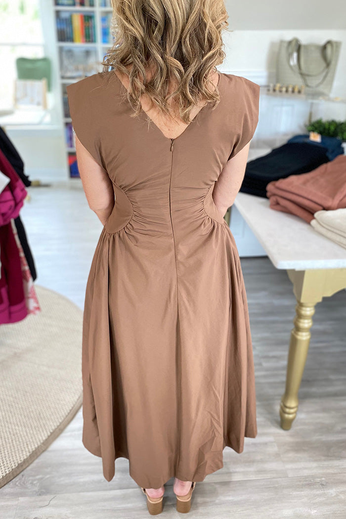 Ruched Waist Cap Sleeve Midi Dress