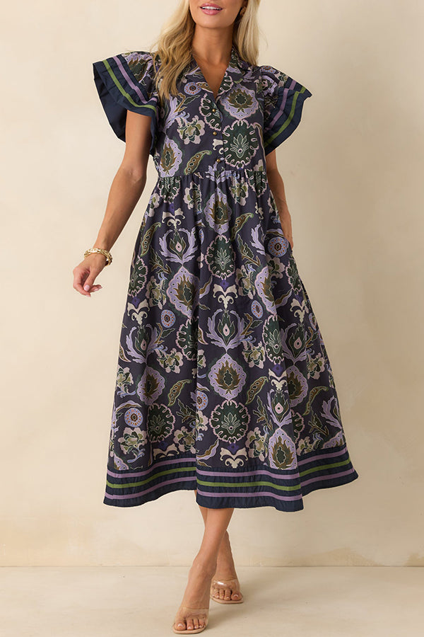 Retro Pattern Flutter Sleeve Dress