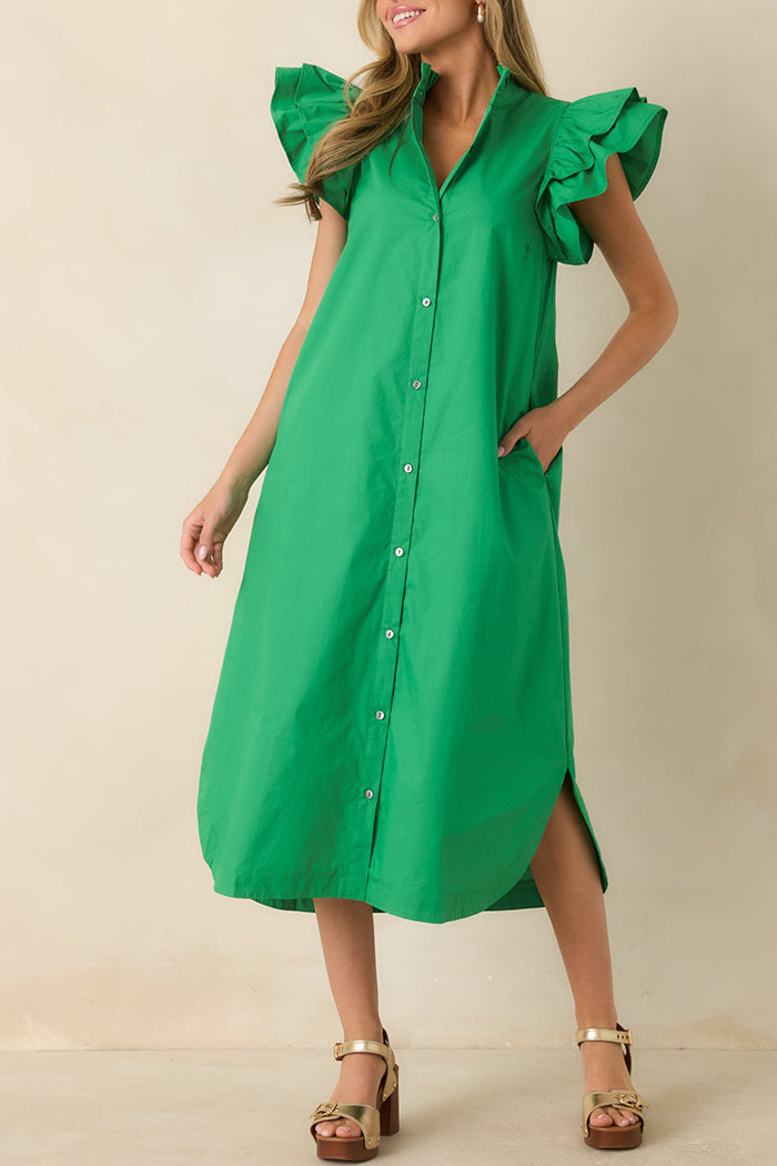 Ruffle Button-Front Pocket Midi Dress
