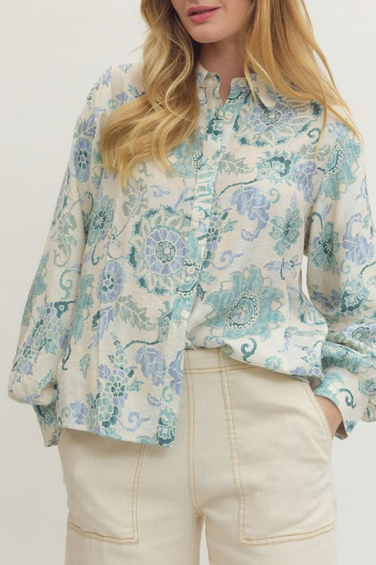 Blue Green Floral Button Down Top