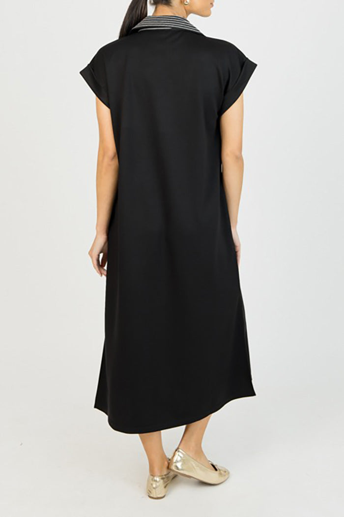 Contrast Stitch Collar Pocketed Midi Dress